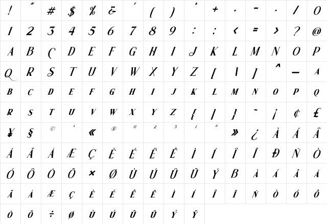 Wishleman Italic Regular  glyph index