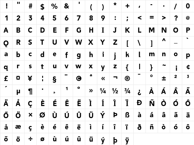 Bawdy Bold  glyph index