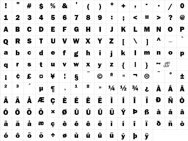 Franklin Gothic Black SSi Black  glyph index