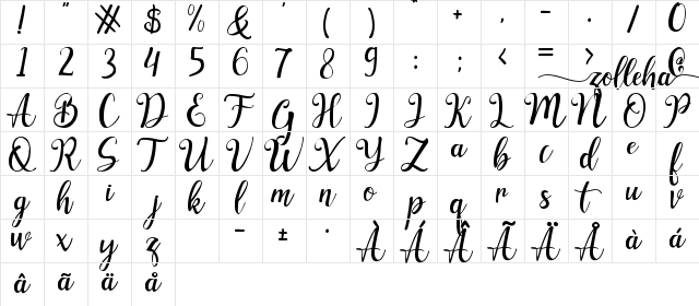 Zolleha Regular  glyph index