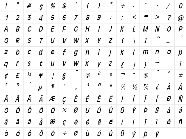 Antiqua 101 Condensed Italic  glyph index