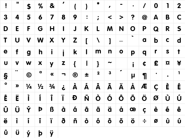 Vag_Rounded-Bold Regular  glyph index