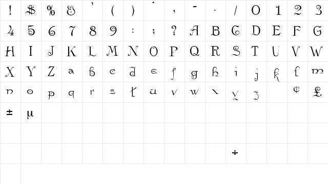 ViataScriptSSK Regular  glyph index