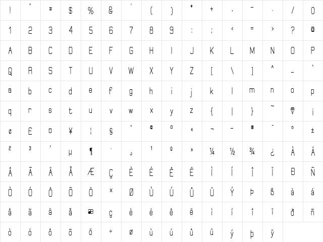Elgethy Bold Condensed Regular  glyph index