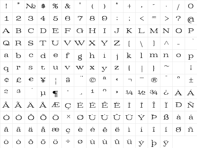 DenimBook Regular  glyph index