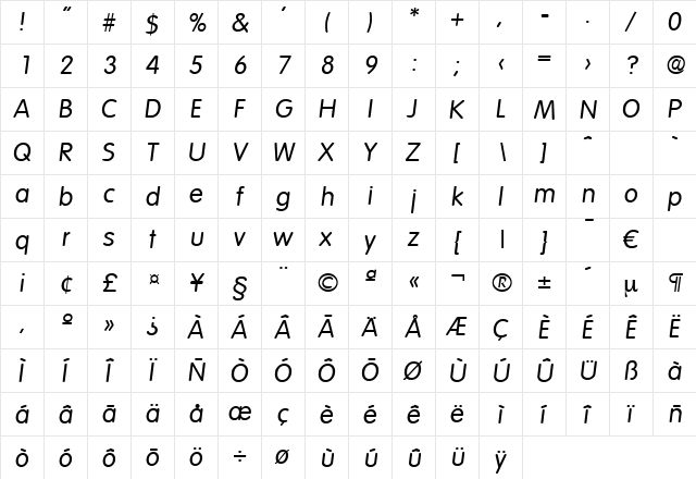 Volkswagen-RegularIta Regular  glyph index