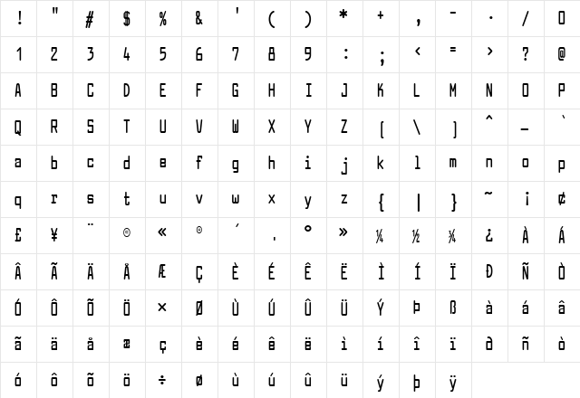 Larabiefont Compressed Bold  glyph index
