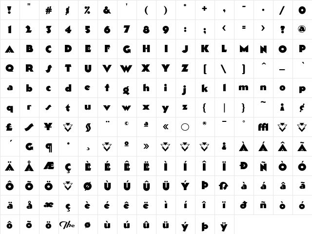Kobalt Bold  glyph index