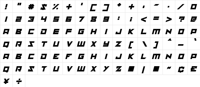 solaria Italic  glyph index