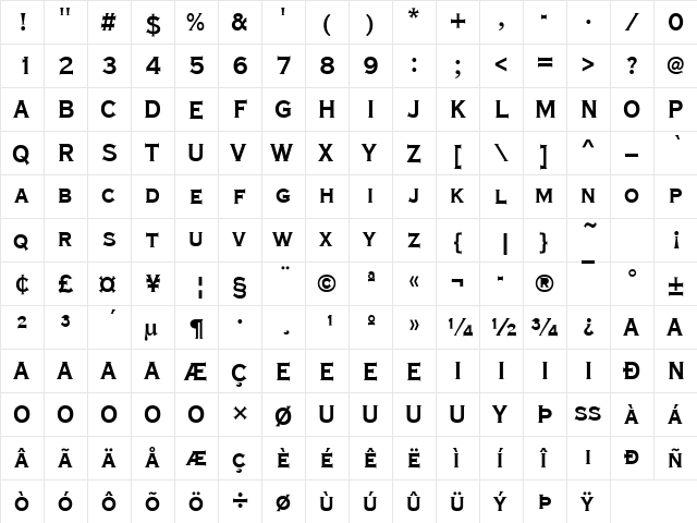 Copperplate T Bold Condensed  glyph index