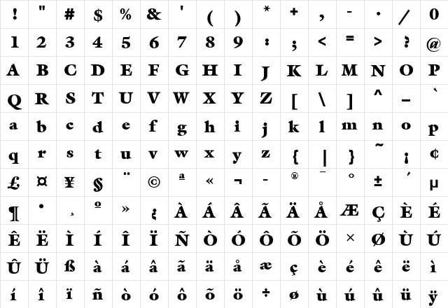 GalliardBldITC Ultra  glyph index