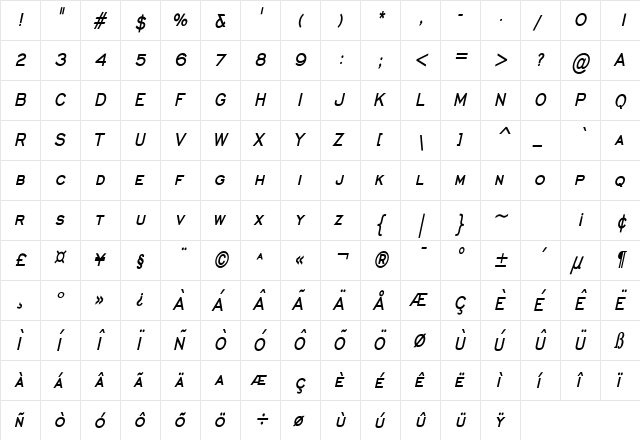 Chisel Thin Bold Italic  glyph index