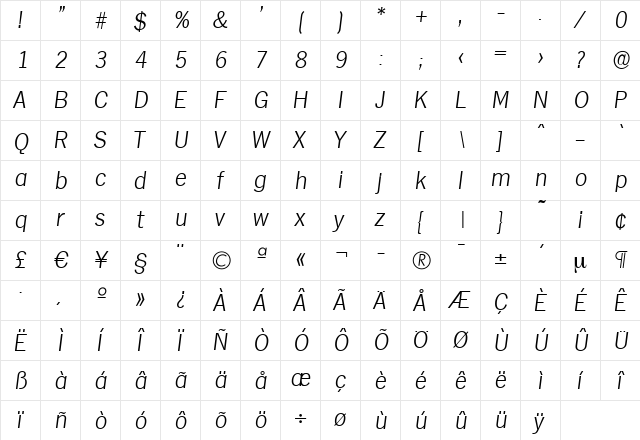StephenBecker-ExtraLight Italic  glyph index
