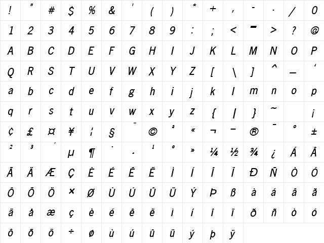 Matterhorn Bold Italic  glyph index