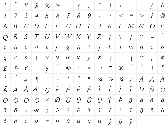 CantoriaMT RomanItalic  glyph index