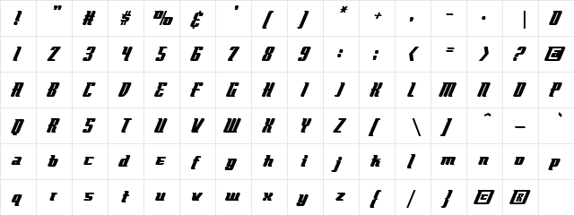 Flyboy BB Regular  glyph index