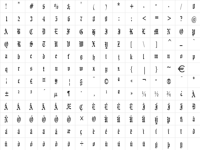 EngravedThin Normal  glyph index