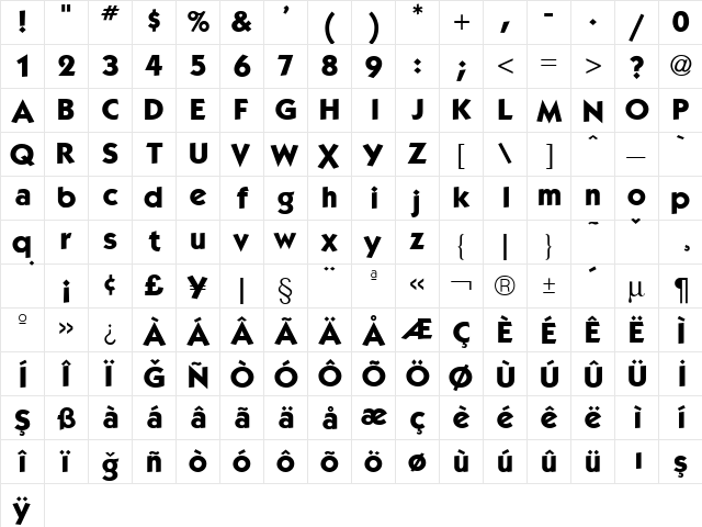 Kabana Bold Regular  glyph index