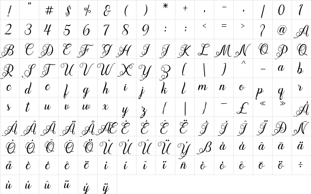 Acapella Script Regular  glyph index