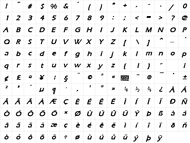 ErgoeMild Bold Italic  glyph index