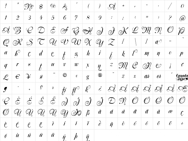 Silk Script Alt Regular  glyph index