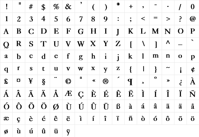 Caslon Bold  glyph index