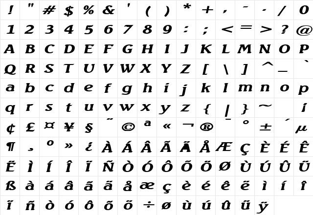 Beach Extended Bold Italic  glyph index