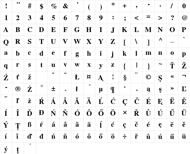 NimbusRomNo9LEE Bold  glyph index
