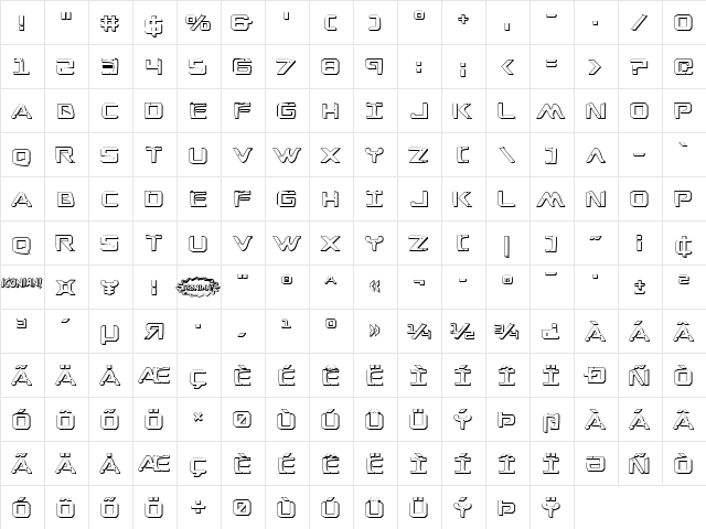 War Eagle 3D Regular  glyph index