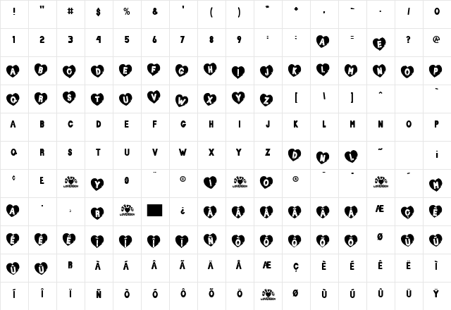 Loverboy Regular  glyph index