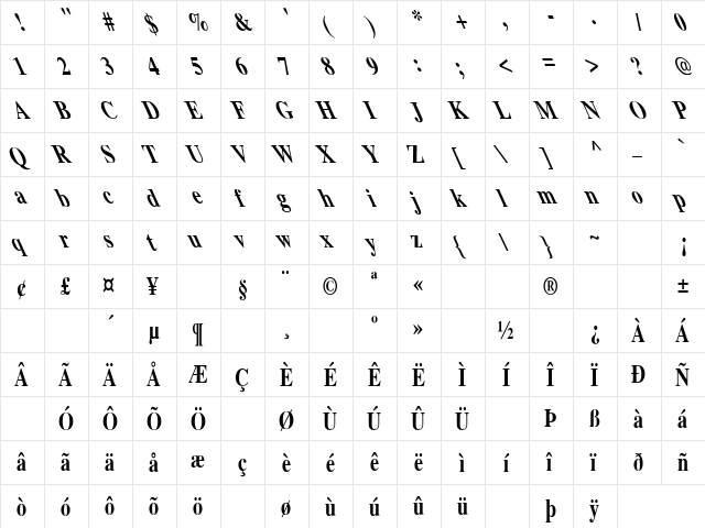 Times-Bold Cn Extreme Lefti Regular  glyph index