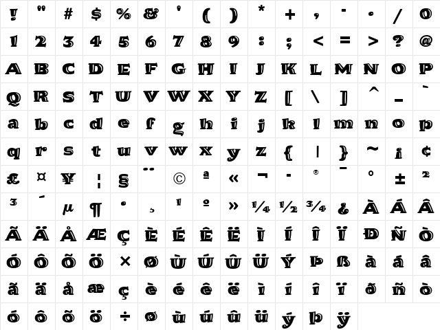 Hornpype ITC Black  glyph index