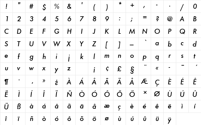 FuturaTMedOblRo1 Regular  glyph index
