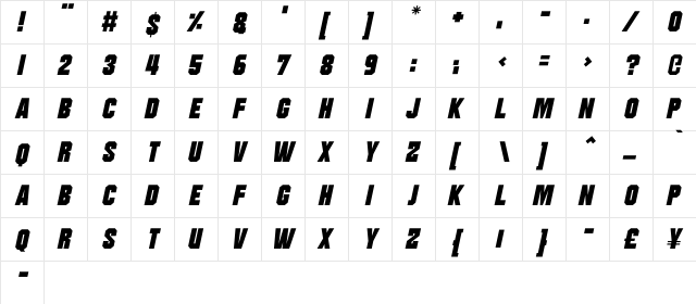 Moonbase Delta Italic  glyph index
