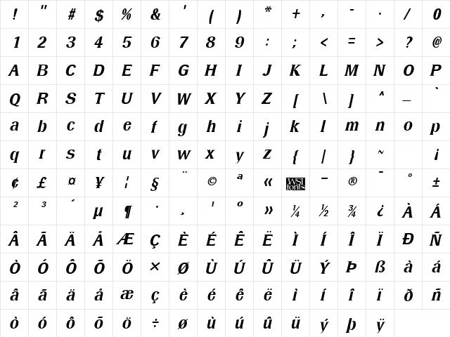 DresselMedium Italic  glyph index