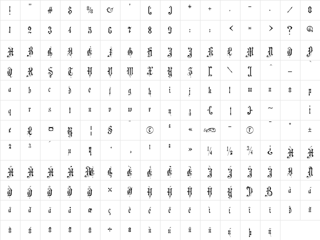 Victorian Gothic One Regular  glyph index