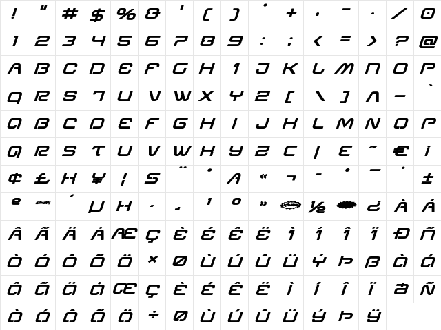 Miracle Mercury Bold Expanded Italic Bold Expanded Italic  glyph index