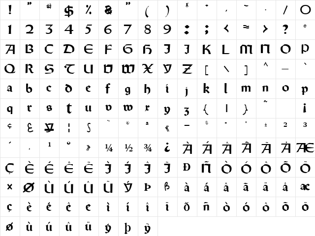 OldyStyleType102 Regular  glyph index