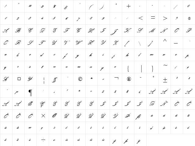 Palace Script MT Regular  glyph index