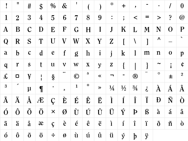 Clearface LT Bold Regular  glyph index