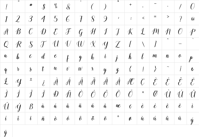 ballerina Regular  glyph index