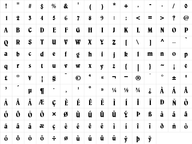 Belwe-Condensed Roman  glyph index