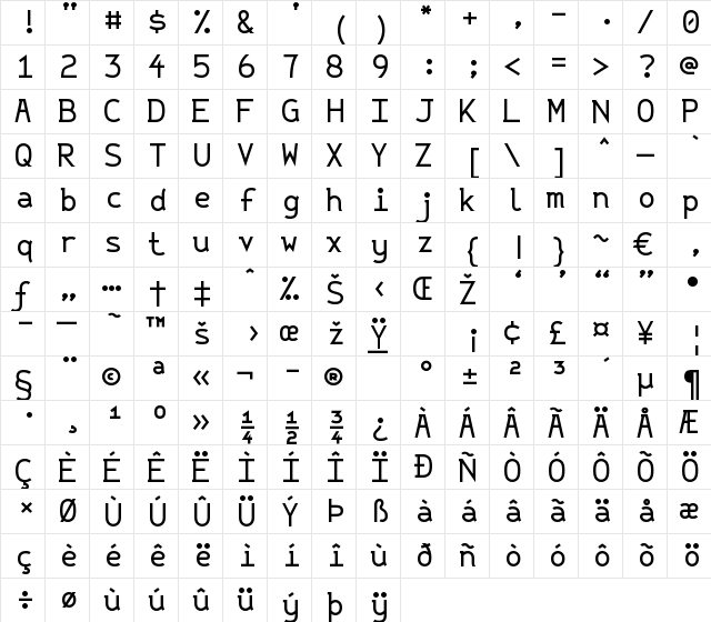 New Regular  glyph index