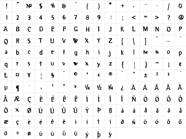 Deux Black  glyph index