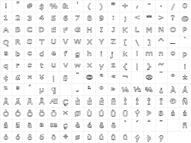 Boneribbon Outline Regular  glyph index