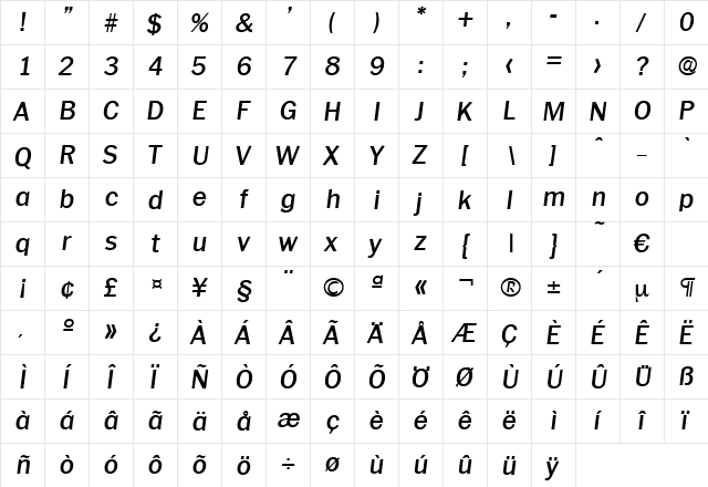 Plymouth-MediumIta Regular  glyph index