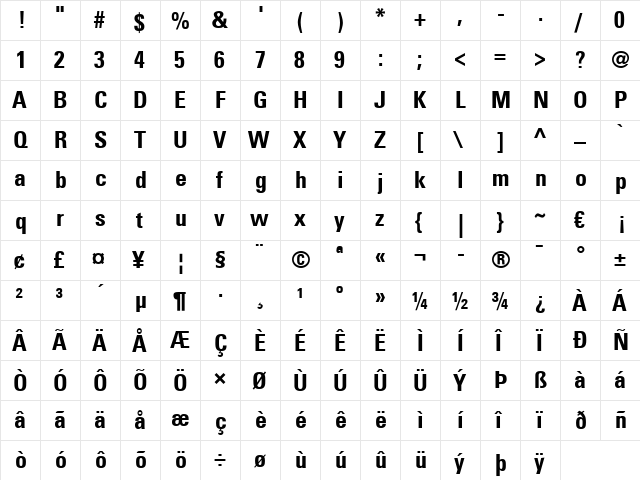 Univers LT 47 CondensedLt Bold  glyph index