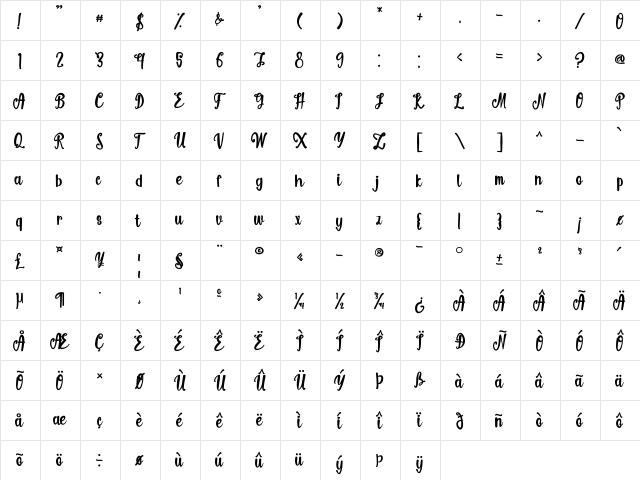Winter Break Regular  glyph index