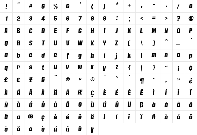 Collos Italic  glyph index