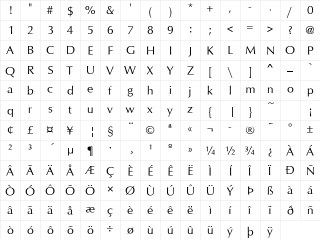 Opus Regular  glyph index
